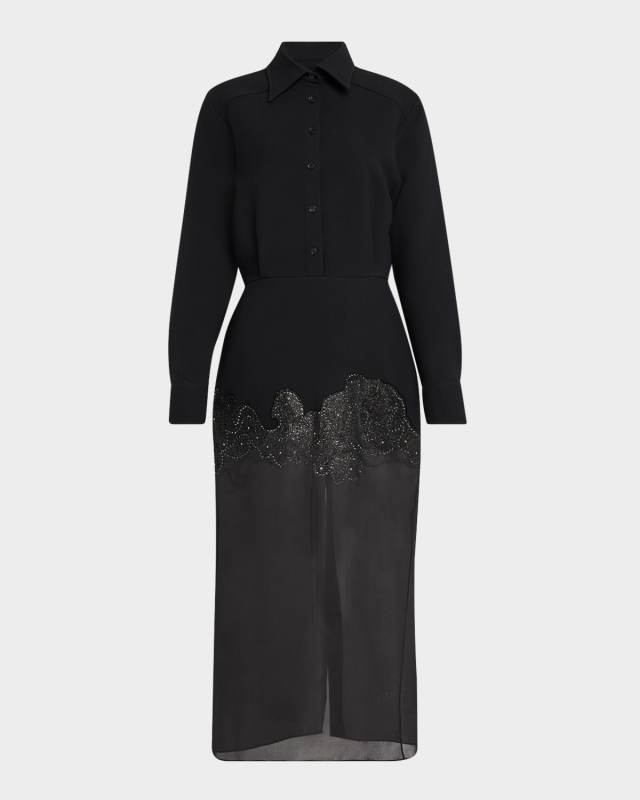 Amelie Embroidered Sheer-Skirt Midi Shirtdress